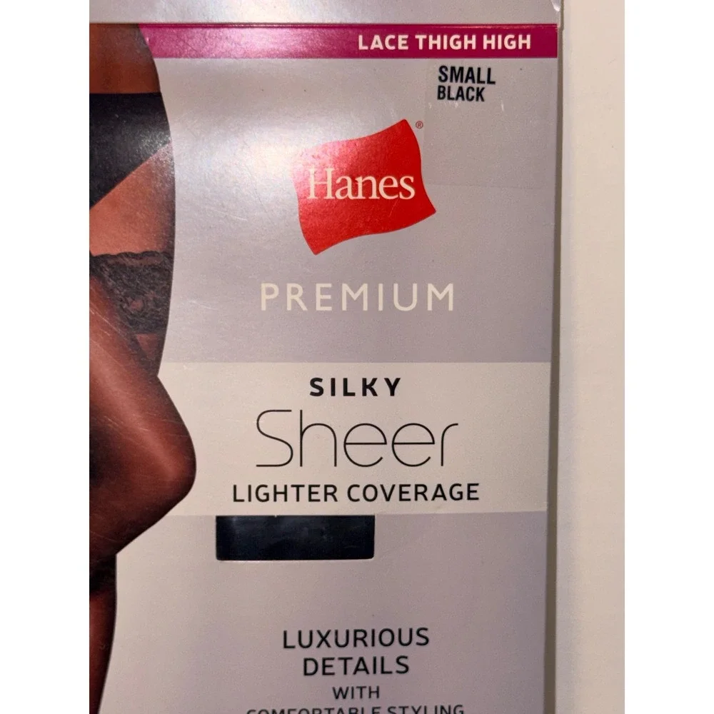 Hanes Premium Silky Sheer Lace Thigh High Stockings Black Small 20 Denier FEQ323